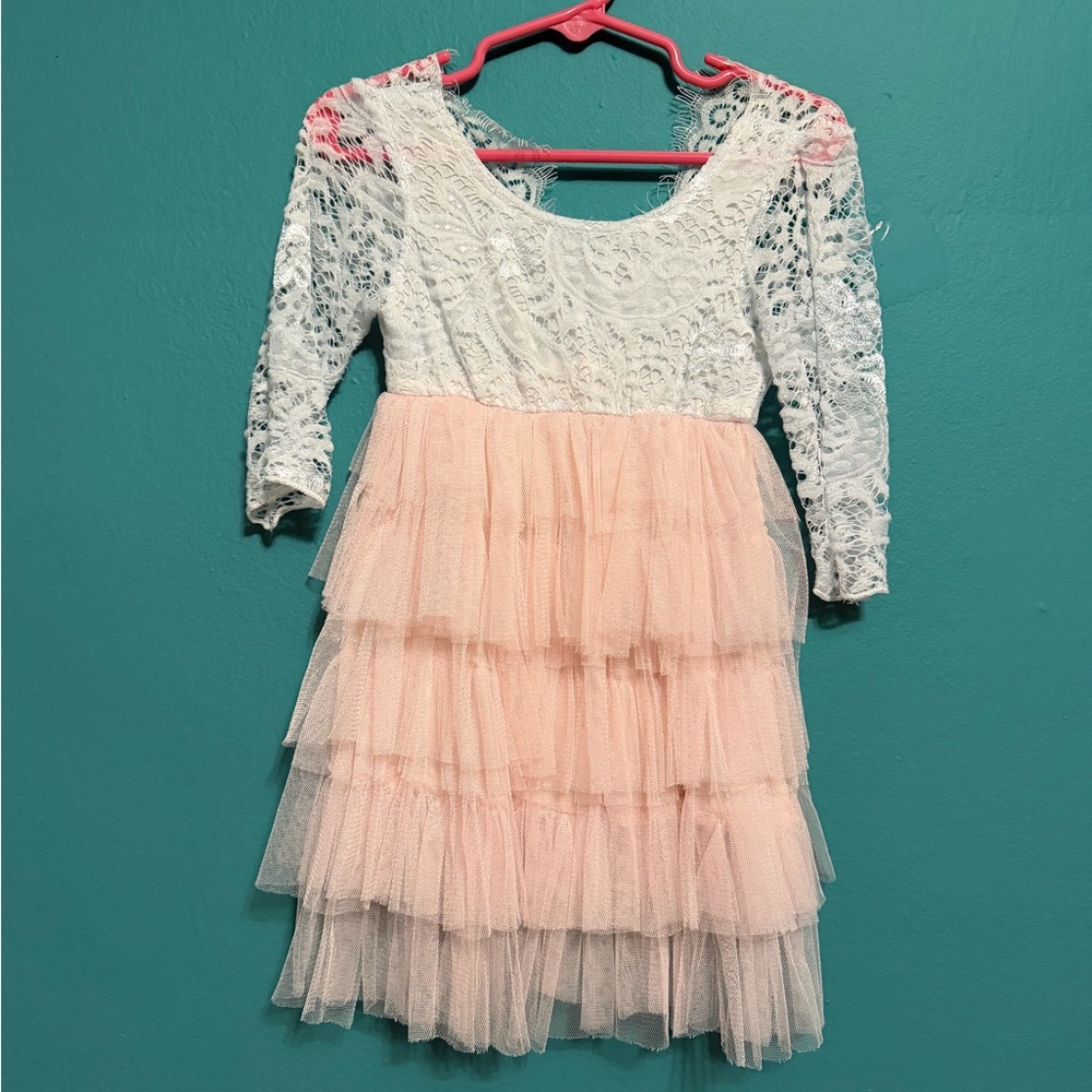 Lace & Tulle Tiered Dress - White Lace Top with Blush Pink Skirt